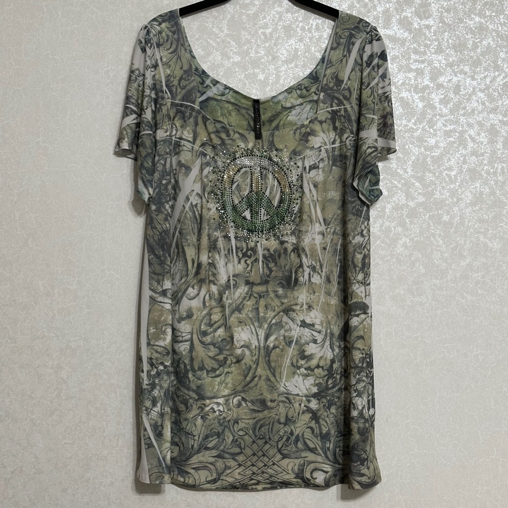 Lady Noiz Rhinestone Peace Sign Green Tunic Top‎ Blouse Boho Hippie Sz L